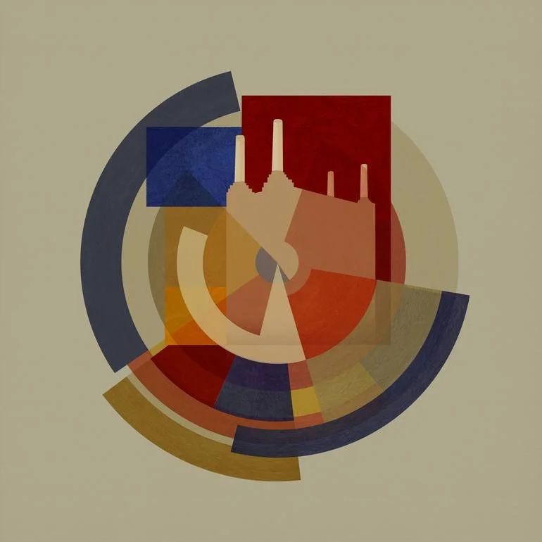 Battersea BFA Fine Art Limited Edition Prints via BFA Online Gallery Artist Czar Catstick Abstract geometric artwork featuring layered circles and rectangles in red, yellow, blue, beige, and dark gray colors.