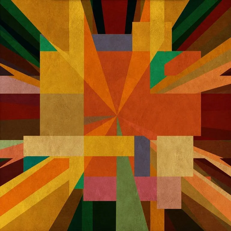 Artist Czar Catstick via BFA Gallery Online Fine Art Limited Edition Artworks, Prints and Photography Abstract geometric artwork with various colored rectangles and rays in shades of orange, yellow, green, red, purple, and brown.