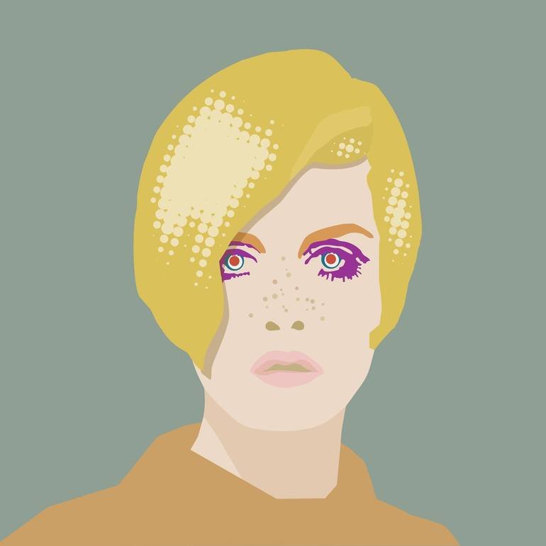 Artist Czar Catstick BFA Online Bespoke British Fine Art Gallery Giclee prints photography Artworks Twiggy Pop art Digital illustration with short blonde hair, purple eye makeup, and light skin, against a gray background.