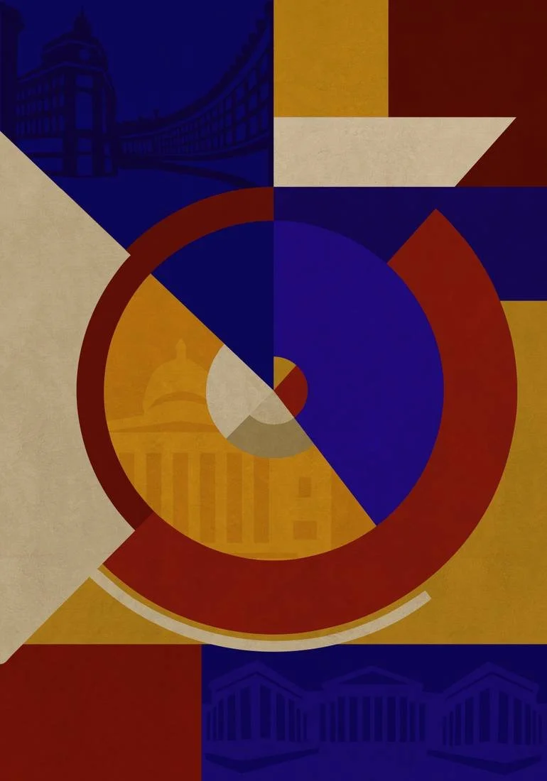Abstract geometric design with a mix of colors, circular shapes, and images of government buildings and bridges, representing political or civic themes.