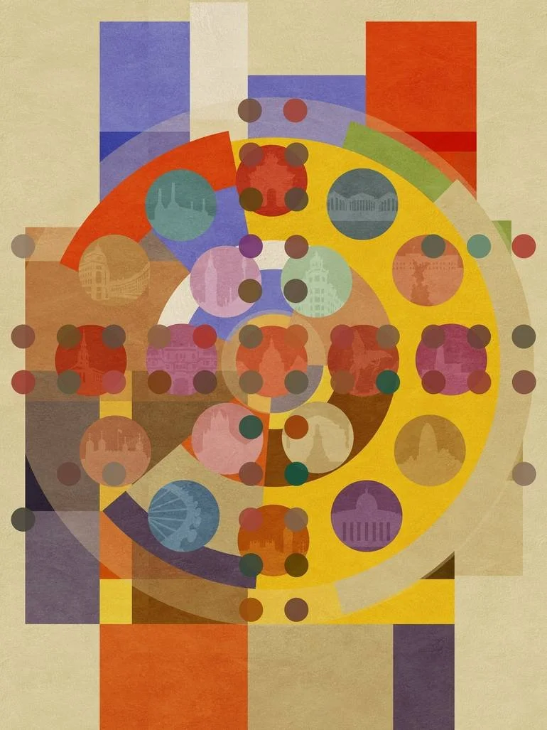 Artist Czar Catstick BFA Online Bespoke British Fine Art Gallery Abstract artwork featuring overlapping circles and squares in shades of red, blue, yellow, purple, and beige, with some circular icons London landmarks and buildings layered within.