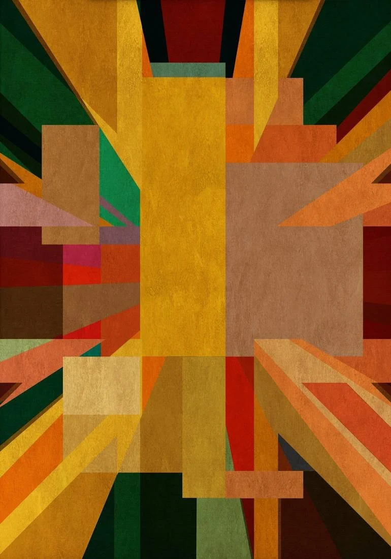Artist Czar Catstick via BFA Gallery Online Fine Art Limited Edition Artworks, Prints and Photography Abstract geometric artwork with bold, colorful shapes in shades of yellow, orange, red, green, and brown, arranged in a symmetrical pattern.