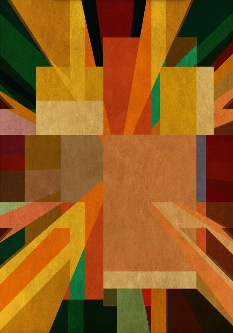 Artist Czar Catstick via BFA Gallery Online Fine Art Limited Edition Artworks, Prints and Photography Abstract geometric art with bold, colorful angular shapes in shades of red, orange, yellow, green, brown, and black.