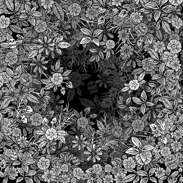 Op Art illustration. A dense black-and-white illustration of flowers and leaves surrounding a dark, shadowy figure with skull faces, blending into the floral pattern. Artist Czar Catstick via BFA Gallery Online British Bespoke Fine Art Limited Editio