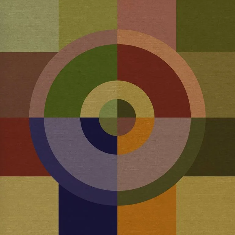 Abstract geometric artwork with concentric circles and rectangular blocks in earth tones and muted colors. Artist Czar Catstick via BFA Gallery Online British Bespoke Fine Art Limited Edition Artworks, Prints 