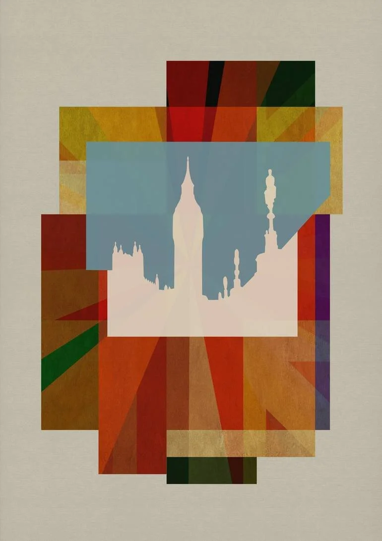 Abstract artwork featuring the silhouette of Big Ben in the center, surrounded by colorful geometric shapes and patterns. Artist Czar Catstick via BFA Gallery Online British Bespoke Fine Art Limited Edition Artworks, Prints 