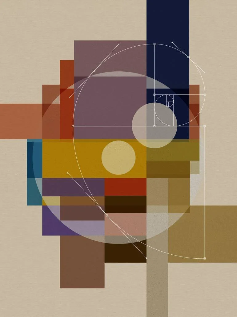 Artist Czar Catstick via BFA Gallery Online Fine Art Limited Edition Artworks, Prints and Photography Abstract geometric art featuring overlapping squares, rectangles, and circles in earth tones with golden, beige, navy, purple, and coral colors, wit