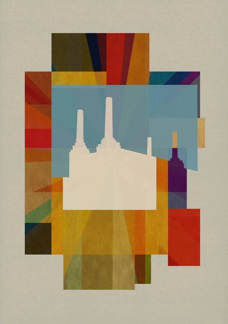 Abstract geometric artwork featuring a silhouette of buildings with Battersea Power Station in the center, surrounded by colorful rectangular and triangular shapes. Artist Czar Catstick via BFA Gallery Online British Bespoke Fine Art Limited Edition 