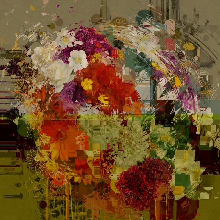 Abstract digital art of a colorful floral arrangement with various flowers and colors, distorted with pixelation effect.