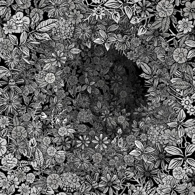 Optical illusion Floral 3D Op Art illustration made from black and white floral patterns and skulls. Artist Czar Catstick via BFA Gallery Online British Bespoke Fine Art Limited Edition Artworks, Prints 