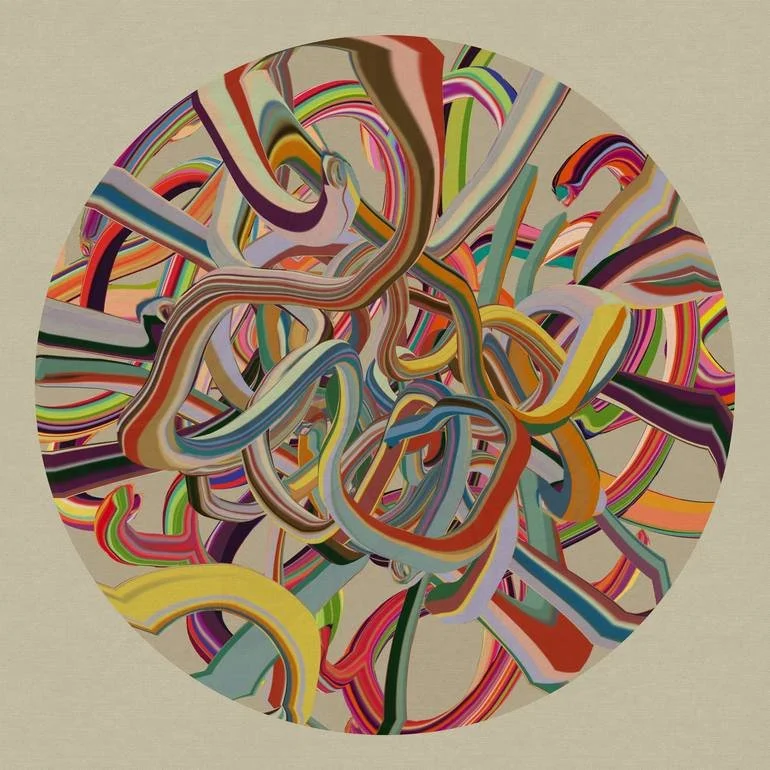 An abstract circular painting with multicolored, swirling, intertwined lines on a beige background.