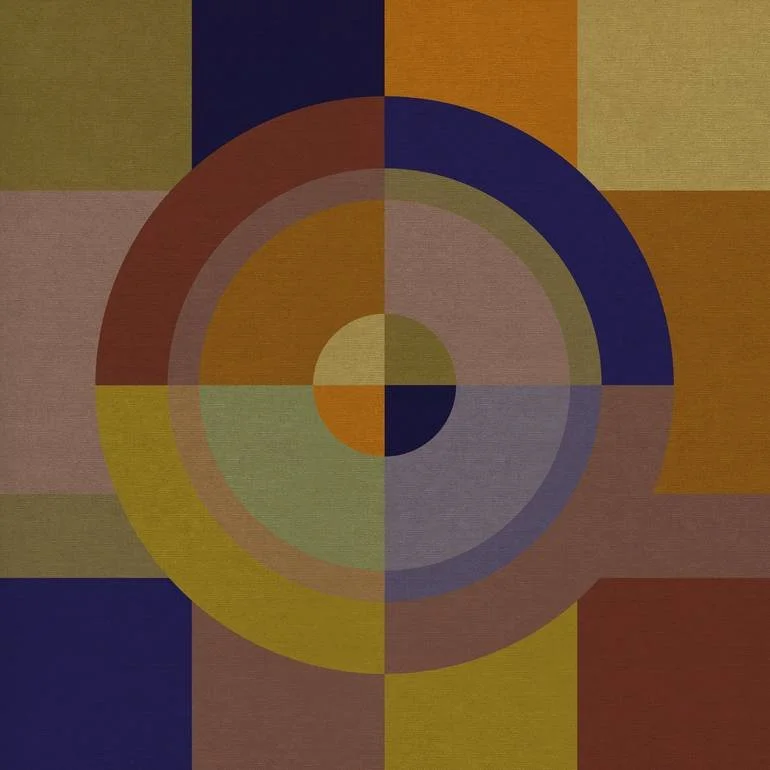 Abstract geometric artwork featuring concentric circles and rectangular shapes in earthy tones of yellow, orange, brown, navy blue, and beige. Artist Czar Catstick via BFA Gallery Online British Bespoke Fine Art Limited Edition Artworks, Prints 
