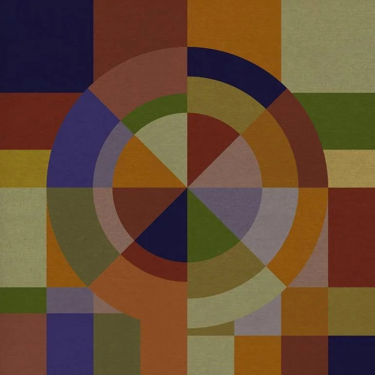 Artist Czar Catstick BFA Online Bespoke British Fine Art Gallery Giclee prints photography Artworks A colorful abstract geometric design featuring a large circle with various colored segments and squares in the background.