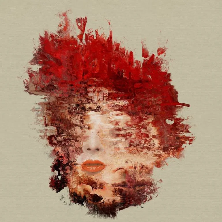 Abstract painting of a woman's face with red hair blending into an urban landscape, showing closed eyes and orange lipstick.