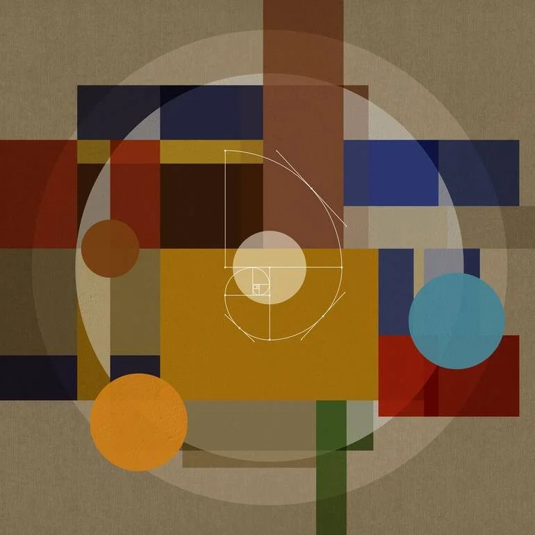 Artist Czar Catstick via BFA Gallery Online Fine Art Limited Edition Artworks, Prints and Photography Abstract geometric artwork featuring squares, rectangles, circles, and spiral shapes in earth tones and primary colors.