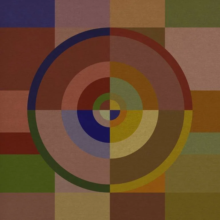 Artist Czar Catstick via BFA Gallery Online Fine Art Limited Edition Artworks, Prints A digital art piece with multicolored concentric circles over a mosaic background of various colored rectangular tiles.
