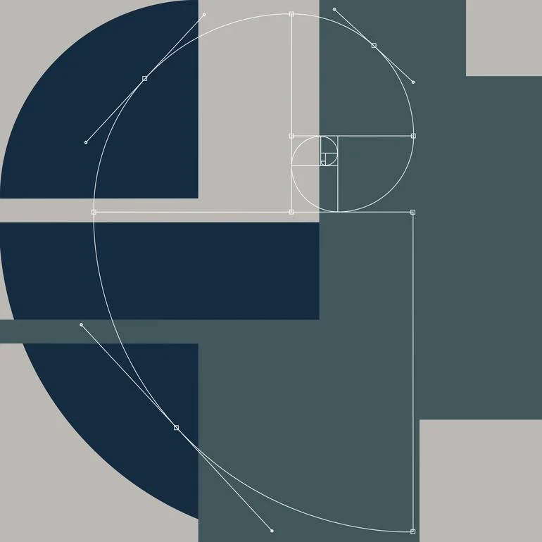 Abstract fibonacci geometric design featuring a large circle, squares, and rectangles with overlapping arcs and lines, in shades of gray, dark blue, and teal. Artist Czar Catstick via BFA Gallery Online British Bespoke Fine Art Limited Edition Artwor