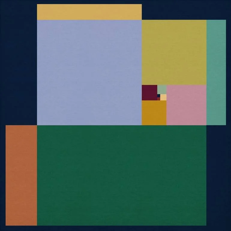 Fibonacci Inspired. An abstract geometric artwork composed of various colored rectangles and squares, arranged in a pattern with shades of blue, green, pink, yellow, orange, maroon, and red. Artist Czar Catstick via BFA Gallery Online British Bespoke