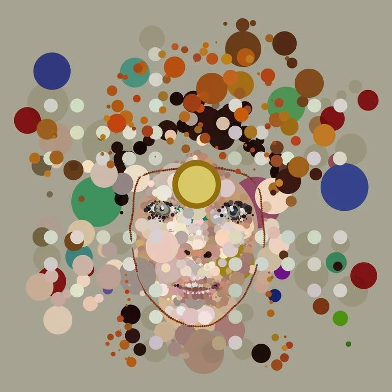 Space Oddotty Artist Czar Catstick - included in the Saatchi Art Curators Choice Collection Abstract digital art of a Bowie's face with multicolored circles forming features and hair, including a large yellow circle on the forehead.