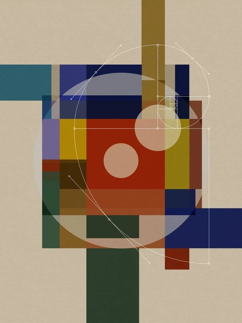 Artist Czar Catstick via BFA Gallery Online Fine Art Limited Edition Artworks, Prints and Photography Abstract geometric artwork with colored rectangles and circles overlaid with white construction lines and points.