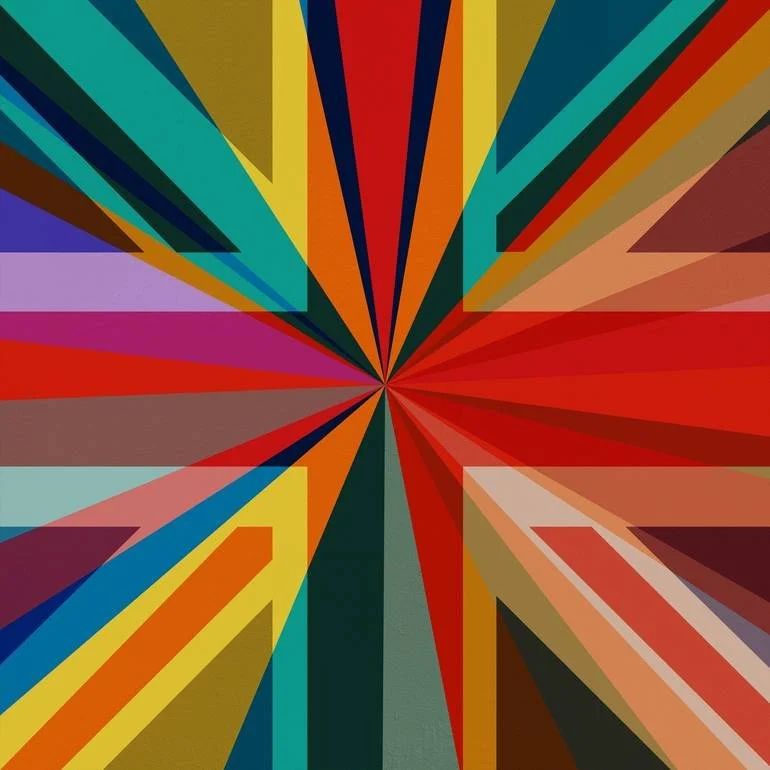 Artist Czar Catstick BFA Online Bespoke British Fine Art Gallery Giclee prints photography Artworks Union Flag Geometric Abstract digital artwork with radial pattern of colorful geometric shapes converging at the center.