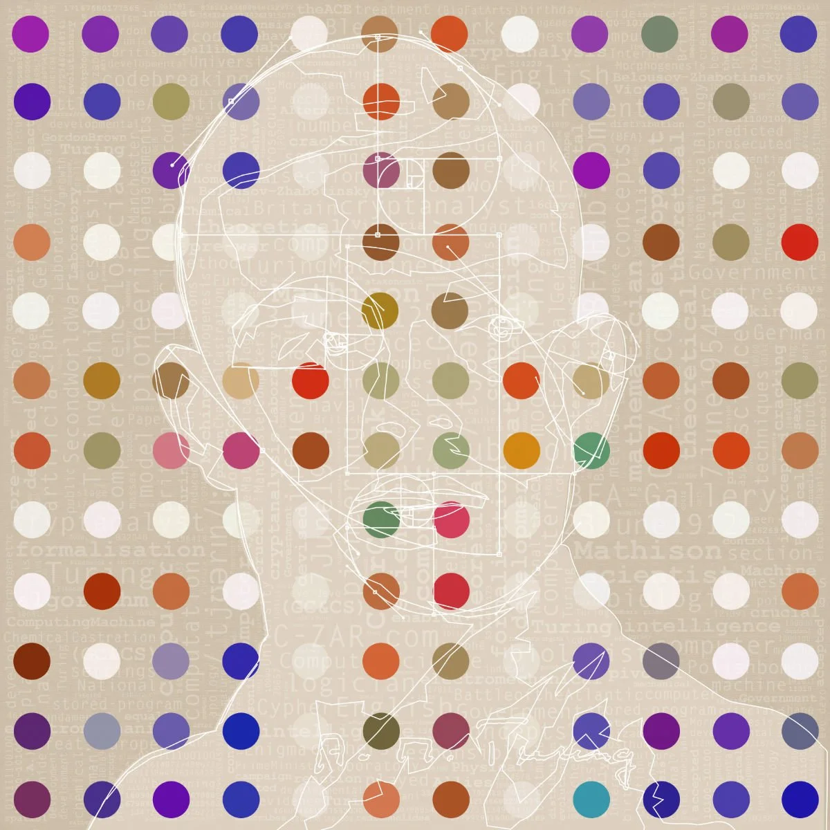 Czar Catstick, BFA Gallery, London, Brighton, Fizzy, Dotty, Pop Art Deco, Illustration of Turing outline overlaid with colored circles and connecting lines, set against a background of text related to technology and science.