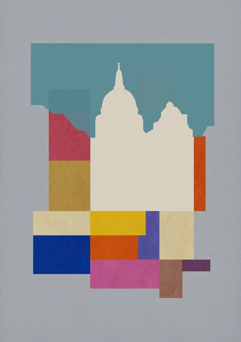 Abstract art featuring a white silhouette of London Saint Paul's dome against a blue background, surrounded by various colored blocks on a gray background. Artist Czar Catstick via BFA Gallery Online British Bespoke Fine Art Limited Edition Artworks,