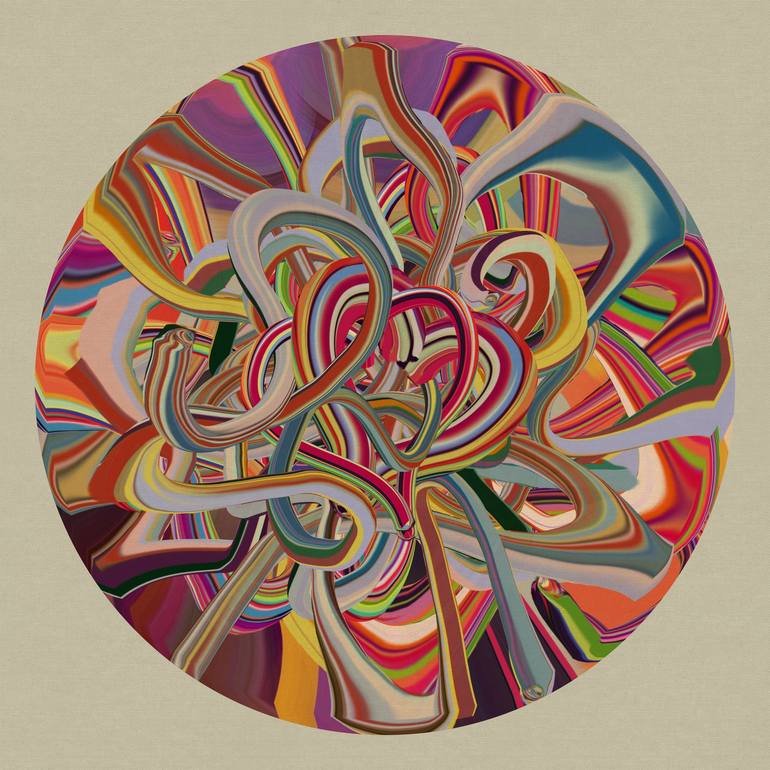 Abstract circular art piece with multicolored, swirling, elongated shapes creating a tangled, chaotic appearance.