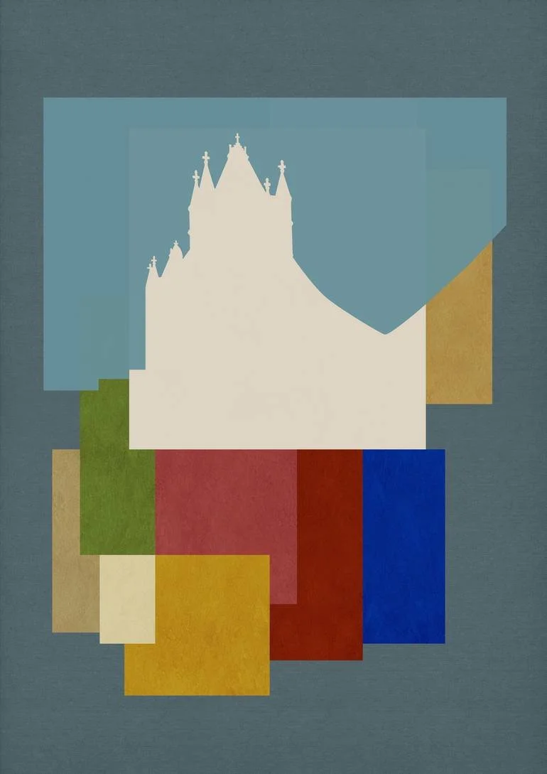Abstract art with layered colorful rectangles and a white silhouette of Tower Bridge London. Artist Czar Catstick via BFA Gallery Online British Bespoke Fine Art Limited Edition Artworks, Prints 