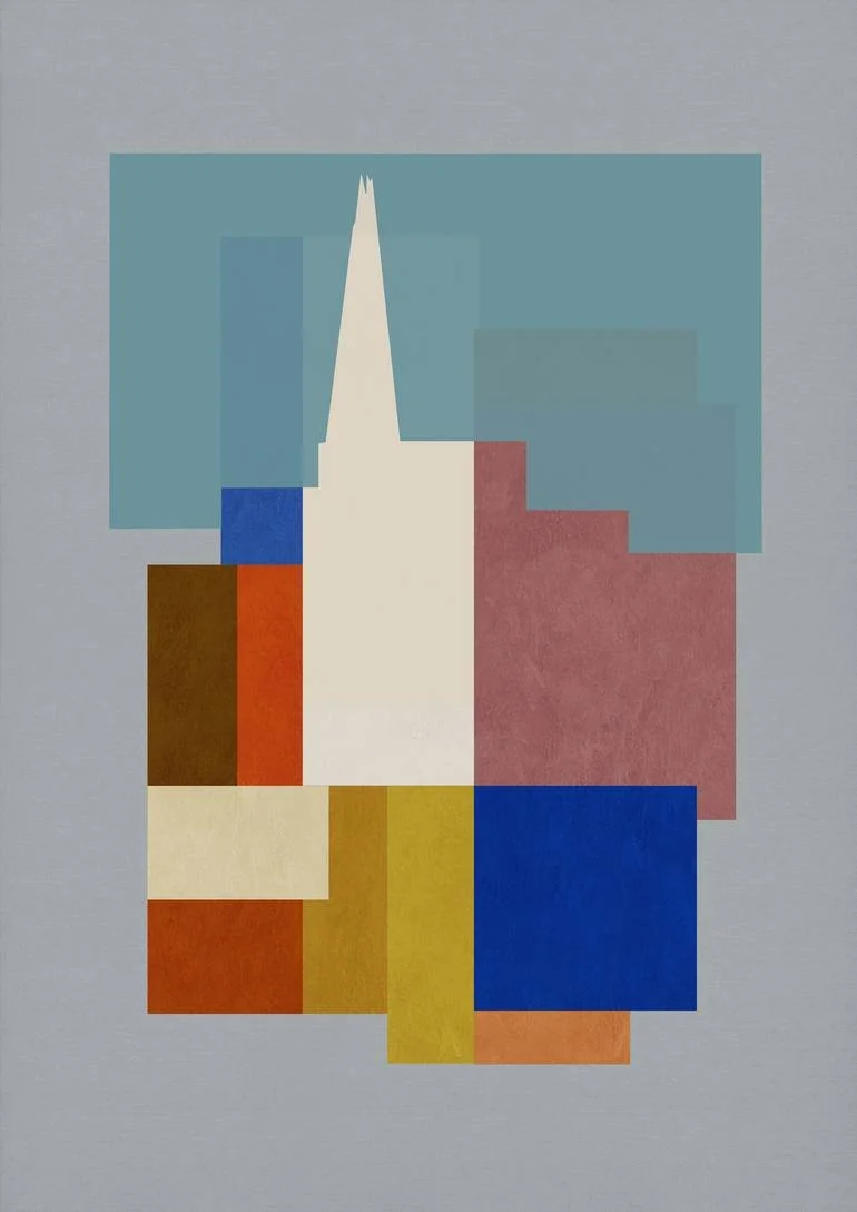 London Shard. Abstract geometric painting with overlapping rectangles and squares in shades of blue, red, yellow, cream, brown, orange, and gray on a gray background. Artist Czar Catstick via BFA Gallery Online British Bespoke Fine Art Limited Editio