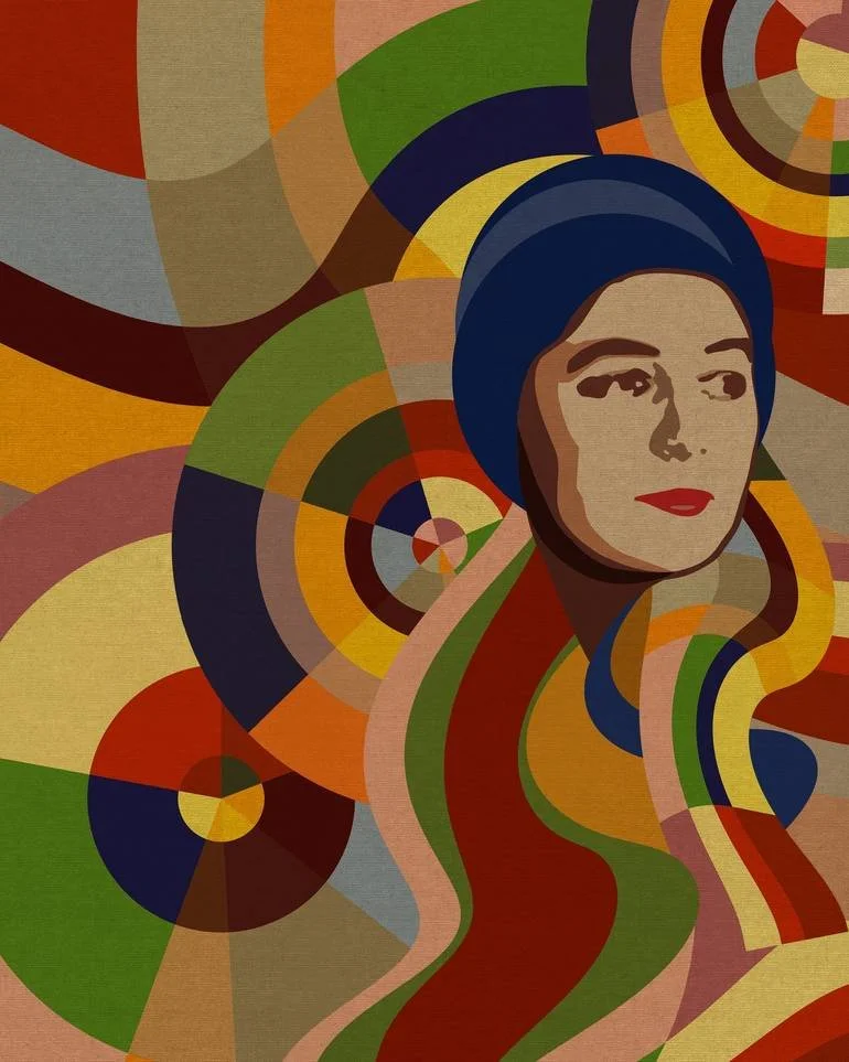 Artist Czar Catstick BFA Online Bespoke British Fine Art Gallery Giclee prints photography Artworks Sonia Delaunay Abstract portrait of Delaunay with dark hair and red lips, surrounded by swirling, colorful geometric patterns.