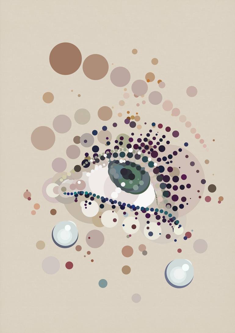 Inspired by Man Ray Tears. Fizzy Pop Art. Abstract digital art of an eye with surrounding multicolored dots on a beige background. Artist Czar Catstick via BFA Gallery Online British Bespoke Fine Art Limited Edition Artworks, Prints 
