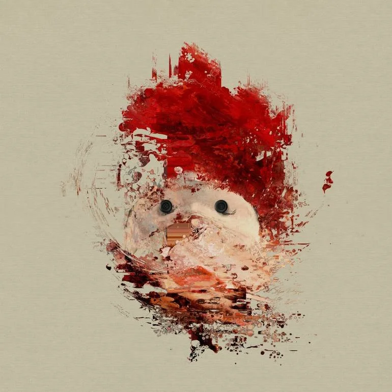 An abstract artwork of a child's face with a red hat, created with splashes and brush strokes on a beige background.