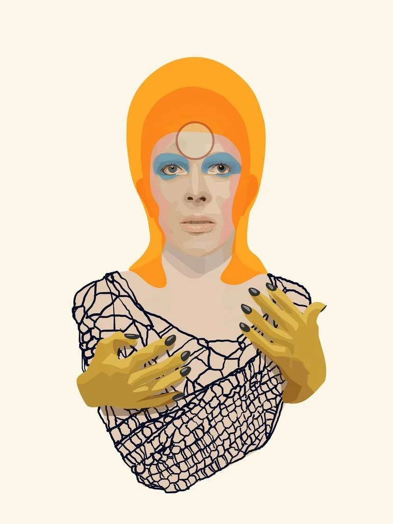 Digital artwork of David Bowie as Ziggy Stardust with orange hair, blue eye makeup, and black nail polish, wearing a black web-like top with alternate yellow hands. Artist Czar Catstick via BFA Gallery Online British Bespoke Fine Art Limited Edition 