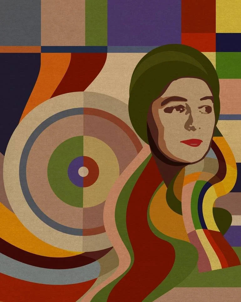 Artist Czar Catstick BFA Online Bespoke British Fine Art Gallery Giclee prints photography Artworks Sonia Delaunay Abstract digital artwork featuring Delaunay's face with a multicolored background of geometric shapes and concentric circles.