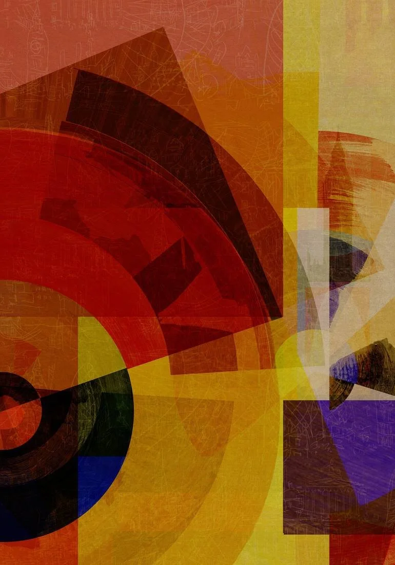 London Abstract geometric artwork with overlapping shapes in warm tones of red, orange, yellow, purple, and black. BFA Fine Art Limited Edition Prints via BFA Online Gallery Artist Czar Catstick 