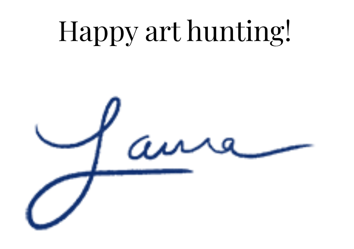 Obsessed with Art, interview with London Artist, Czar Catstick, with text saying 'Happy art hunting!' and a handwritten signature of the name 'Laura'.