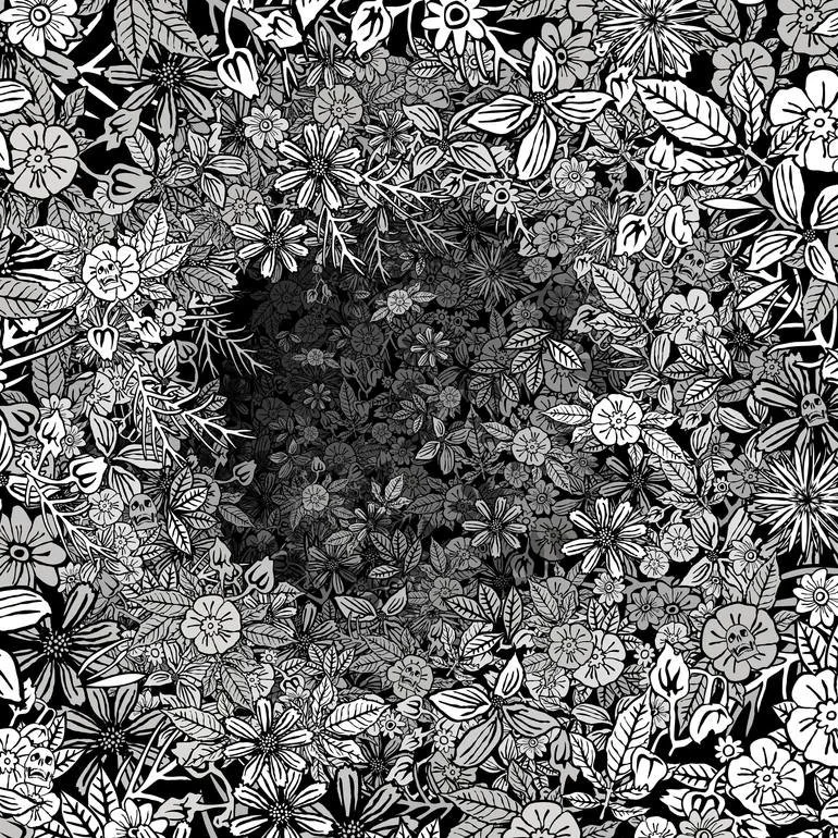 A black and white illustration of densely packed flowers and leaves surrounding a dark central hole. Artist Czar Catstick via BFA Gallery Online British Bespoke Fine Art Limited Edition Artworks, Prints 