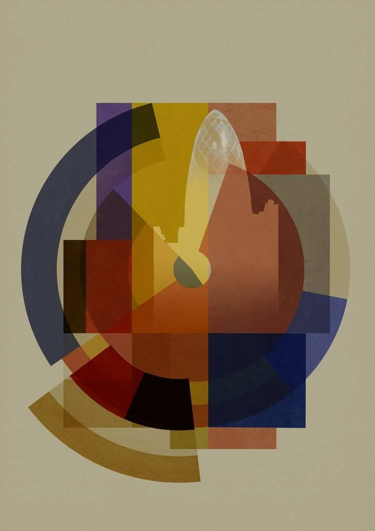 Gherkin London BFA Fine Art Limited Edition Prints via BFA Online Gallery Artist Czar Catstick Abstract geometric painting with circles, squares, and rectangles in yellow, red, blue, purple, and black on a beige background.