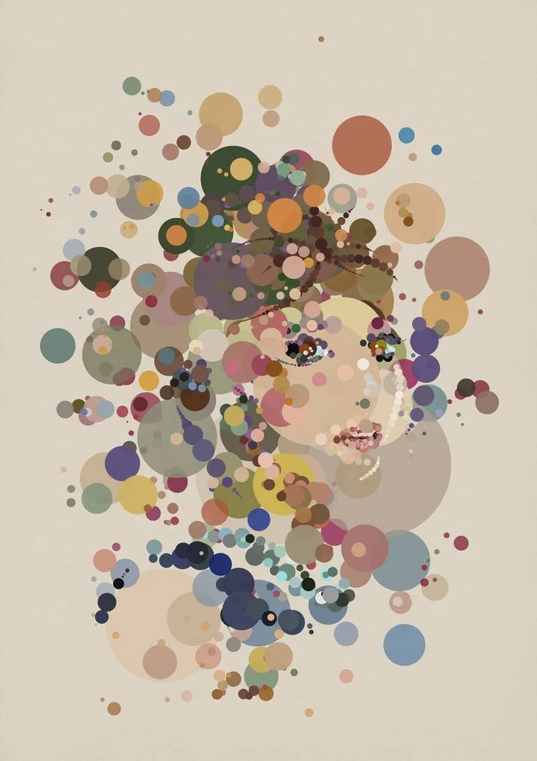 Fizzy Pop art Abstract portrait of Audrey Hepburn's face created with multicolored circles of various sizes. Artist Czar Catstick via BFA Gallery Online British Bespoke Fine Art Limited Edition Artworks, Prints 