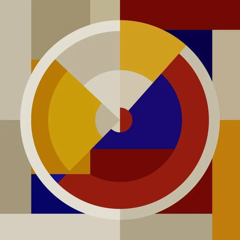 Abstract geometric artwork featuring concentric circles, triangles, and rectangles in shades of red, blue, yellow, beige, and white.