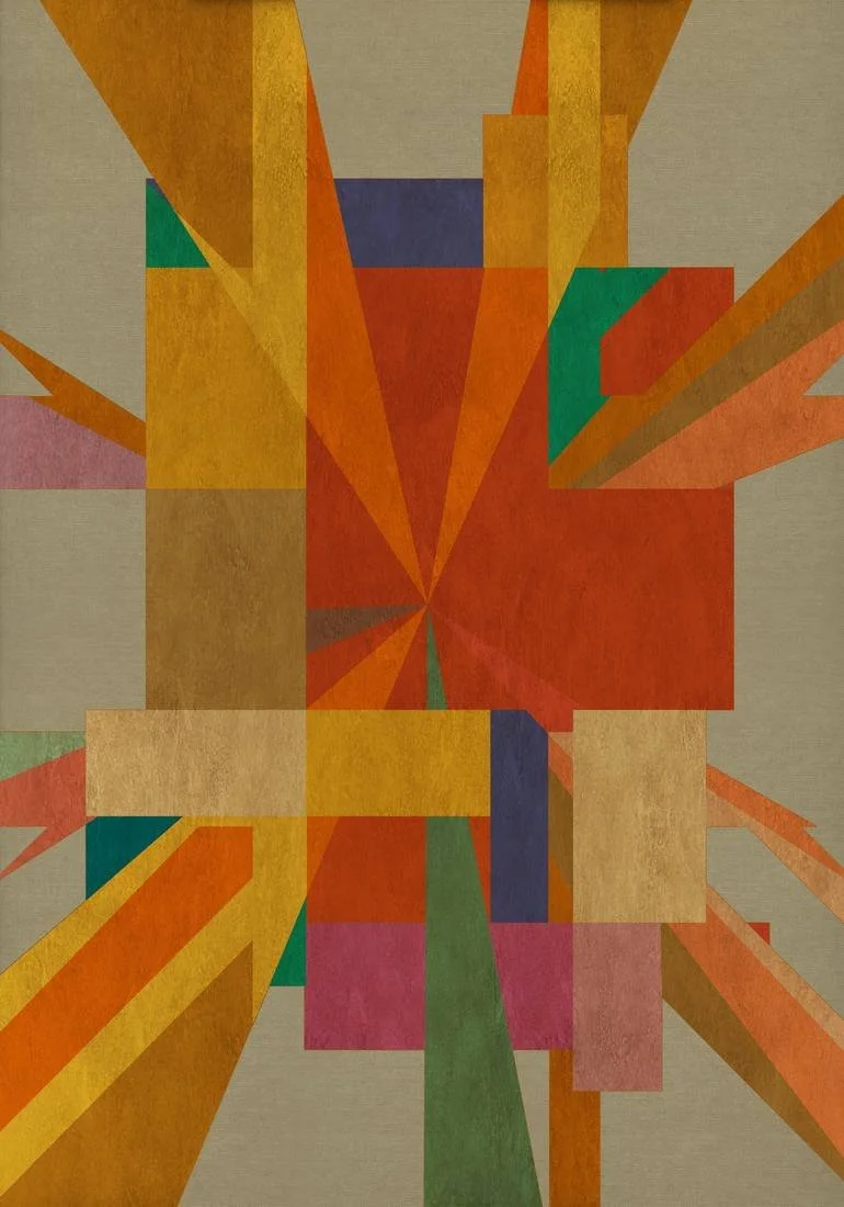 Artist Czar Catstick via BFA Gallery Online Fine Art Limited Edition Artworks, Prints and Photography An abstract geometric painting with various shapes in orange, yellow, green, blue, purple, and pink on a neutral beige background.