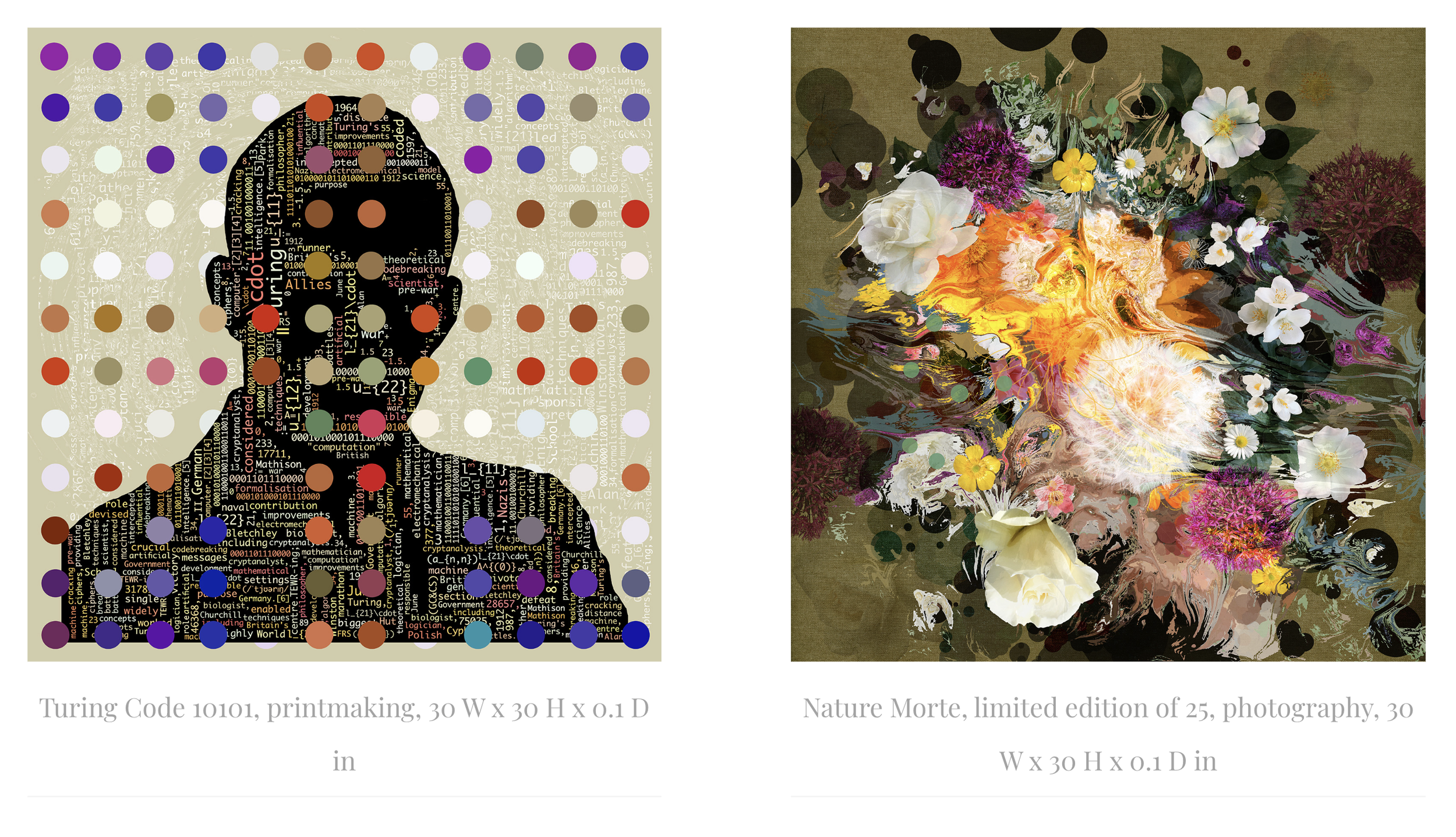 Czar Catstick artworks, print of a Turing Code, consisting of a grid of colored dots overlaid on a background of text related to computer science and cryptography. The right piece is 'Nature Morte,' collage of flowers and abstract elements