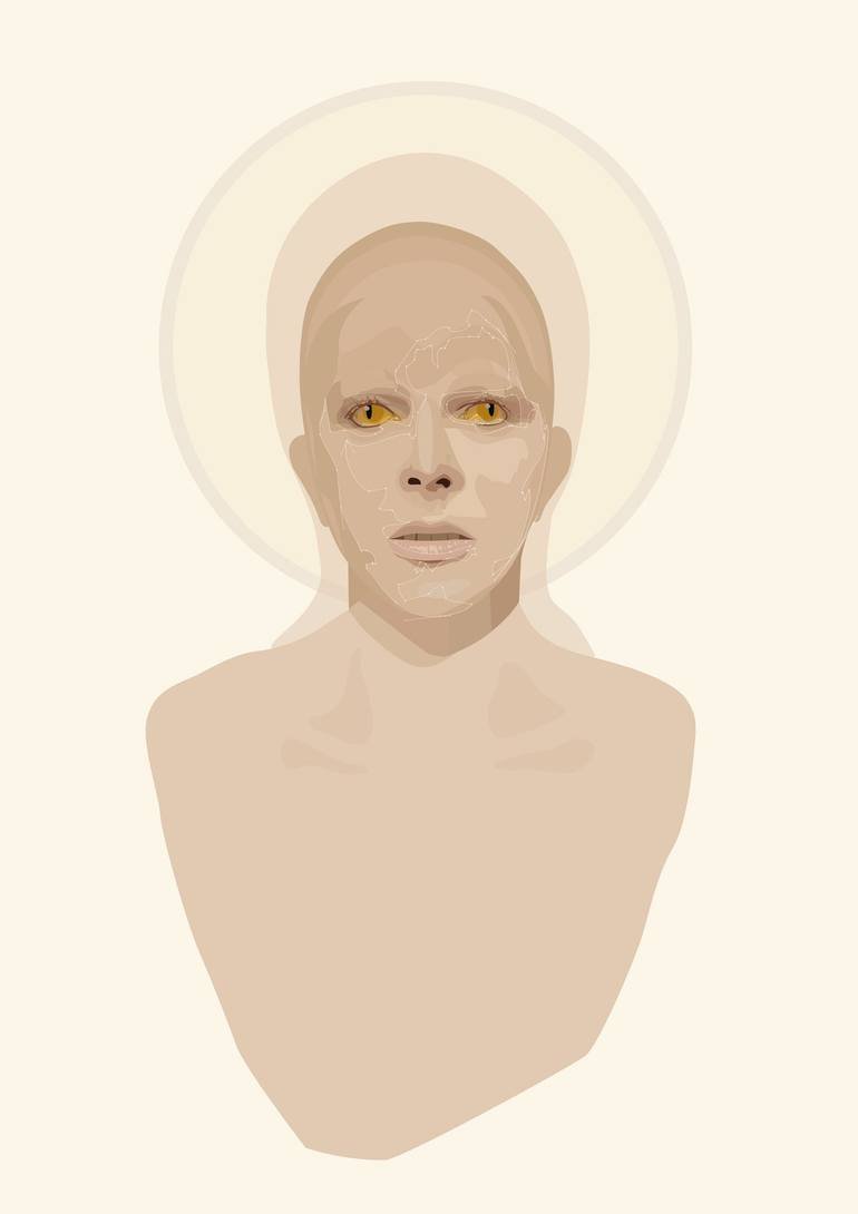 Digital illustration of David Bowie as Thomas Jerome Newton from The Man who fell to earth neutral facial expression, with golden eyes, and minimalistic skin tone details. Artist Czar Catstick via BFA Gallery Online Fine Art Limited Edition Artworks,
