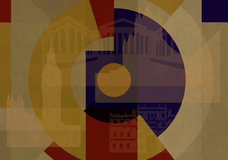 Abstract digital artwork with overlapping circles, rectangles, and silhouettes of classical government buildings, using muted colors like red, yellow, purple, and beige.