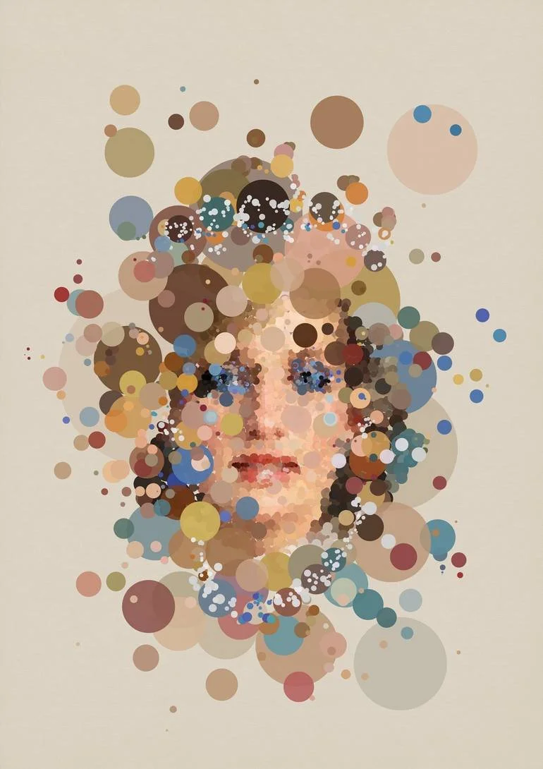 Fizzy Pop Art. Pop Princess. Abstract artwork of a Diana's face created with various colored circles of different sizes. Artist Czar Catstick via BFA Gallery Online British Bespoke Fine Art Limited Edition Artworks, Prints 