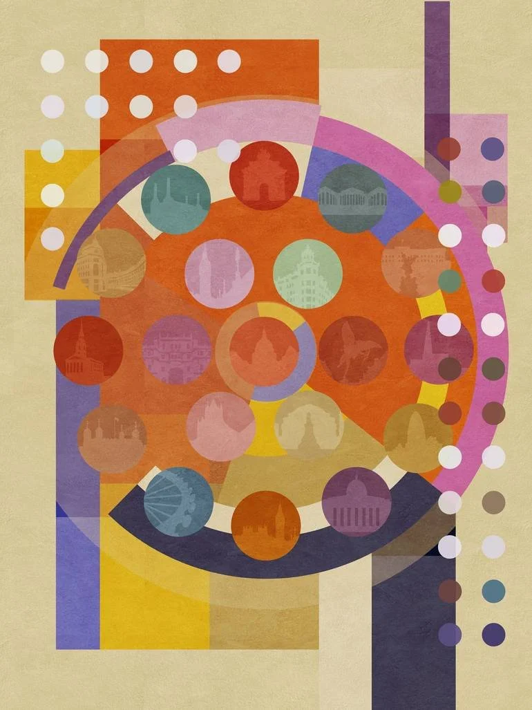 An abstract geometric artwork featuring overlapping circles, squares, and rectangles in various shades of red, purple, yellow, green, and blue, with silhouettes of London buildings subtly incorporated within some of the circles. Artist Czar Catstick 