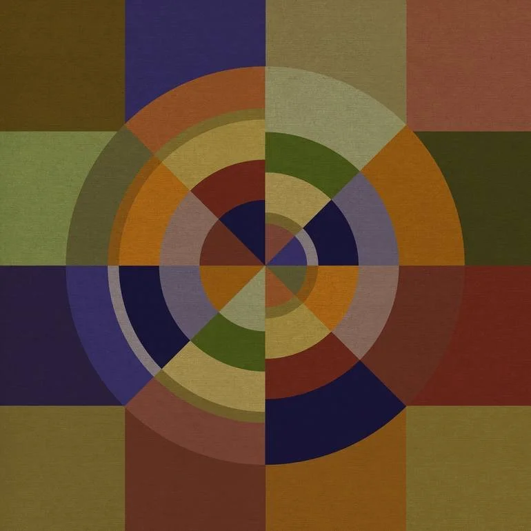 Artist Czar Catstick BFA Online Bespoke British Fine Art Gallery Giclee prints photography Artworks An abstract geometric artwork featuring concentric circles and radial lines in shades of orange, red, green, blue, purple, and beige.