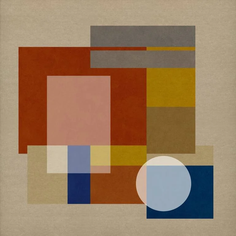 Artist Czar Catstick BFA Online Bespoke British Fine Art Gallery Giclee prints photography Artworks Deco Abstract geometric artwork featuring squares, rectangles, and a circle in shades of red, yellow, blue, gray, and white on a beige background.