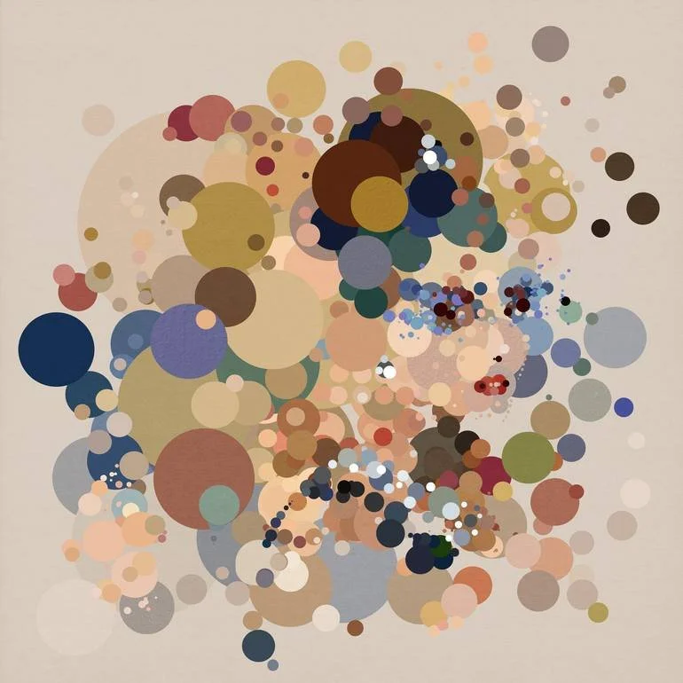 Artist Czar Catstick BFA Online Bespoke British Fine Art Gallery Giclee prints photography Artworks Fizzy Pop Abstract artwork of a audrey hepburn's face created with numerous overlapping circles of various sizes and colors.